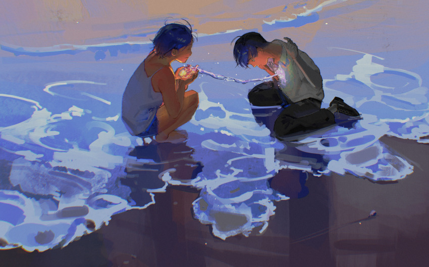 1boy, 1girl, absurdres, amo_(amo_0514), bare_arms, bare_legs, bare_shoulders, barefoot, beach, black_hair, black_pants, black_shoes, blue_shorts, camisole, closed_eyes, closed_mouth, collared_shirt, commentary_request, cupping_hands, dusk, facing_another, fantasy, floating_hair, from_above, from_side, full_body, glowing_organ, hands_up, head_down, heart_(organ), highres, holding, holding_heart_(organ), light_particles, looking_down, open_mouth, original, outdoors, own_hands_together, pants, profile, reflection, reflective_liquid, sand, shallow_water, shirt, shoes, short_hair, short_shorts, short_sleeves, shorts, sitting, smile, socks, squatting, wariza, water, white_camisole, white_shirt, white_socks