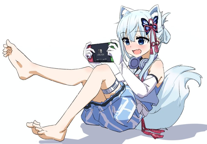 1girl, animal_ears, bare_shoulders, blue_hair, butterfly_hair_ornament, folded_ponytail, fox_ears, fox_girl