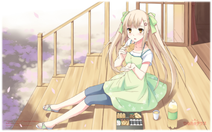 1girl, bento, blonde_hair, blush, border, chopsticks, cup, dress, fading_border, female_focus, food, full_body, hair_ornament, hair_ribbon, hairclip, highres, hinata_terrace, kajiwara_hina, long_hair, mikaze_takashi, outdoors, petals, ribbon, shoes, sitting, solo, stairs, twintails, yellow_eyes