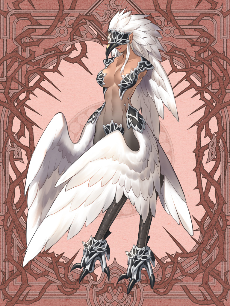 1girl, bird_legs, breasts, brown_background, dairoku_ryouhei, dark_skin, ena_(tommy_walker), feathered_wings