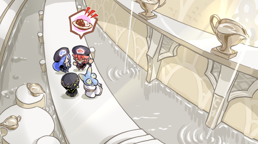 3girls, blue_hair, curry, flamberge_(kirby), food, fountain, francisca_(kirby), hosikuzubosi_(avvf2277)