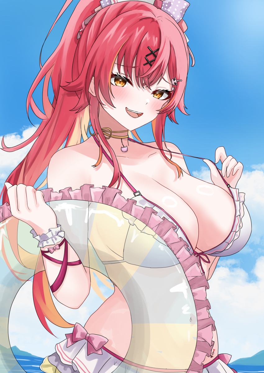 1girl, absurdres, akue, bikini, bikini_skirt, blue_sky, blush, bow