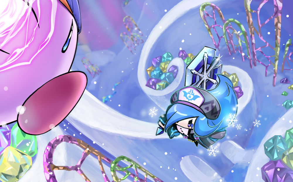 1girl, axe, battle, battle_axe, blue_hair, crystal, esp_kirby, francisca_(kirby), hair_over_one_eye, holding, holding_axe, holding_weapon, hosikuzubosi_(avvf2277), in-universe_location, kirby, kirby_(series), kirby_star_allies, nintendo, snow, snowflakes, weapon
