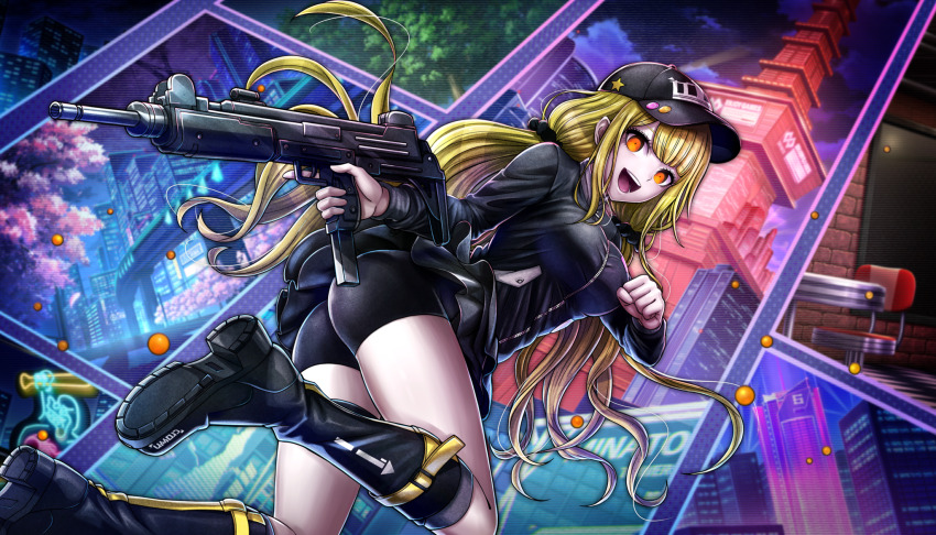 1girl, :d, arisugawa_saori, baseball_cap, bike_shorts, black_boots, black_hat, black_jacket