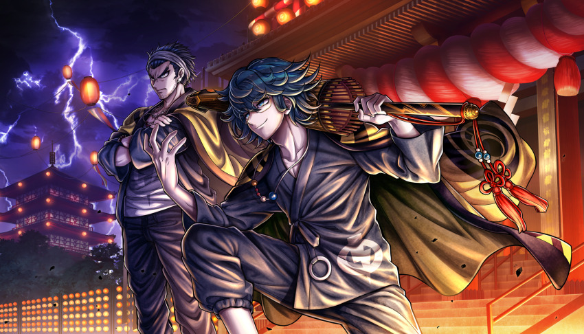 2boys, beard_stubble, blue_hair, crossed_arms, earrings, facial_hair, highres, holding