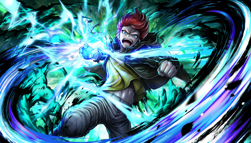 1boy, ball, blue_eyes, clenched_hand, furrowed_brow, green_background, green_jacket, green_shirt