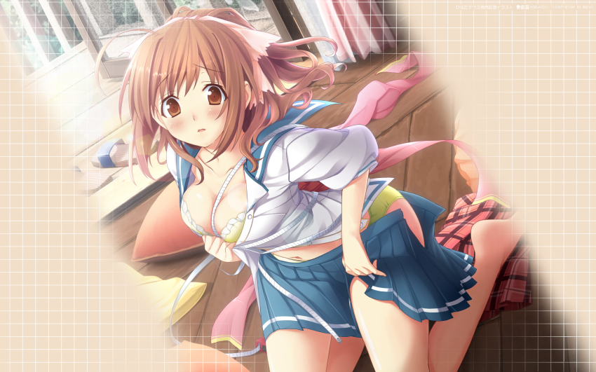 1girl, ahoge, between_breasts, blush, bra, breasts, brown_eyes, brown_hair, cleavage, female_focus, highres, hinata_terrace, kneeling, lingerie, marui_(koedame), panties, school_uniform, serafuku, solo, tape_measure, underwear, yaotome_mai