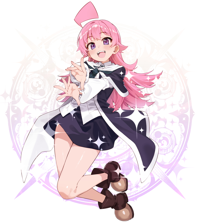 1girl, absurdres, ahoge, black_cape, black_skirt, blush, boots, cape, full_body, highres, long_hair, long_sleeves, looking_at_viewer, meryl_(s-rank_boukensha), open_mouth, outstretched_arms, pink_hair, purple_eyes, s-rank_boukensha_de_aru_ore_no_musume_tachi_wa_juudo_no_fathercon_deshita, shirt, skirt, smile, solo, syunichi, white_shirt