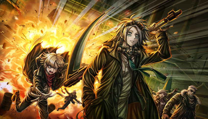 1girl, 4boys, asahikawa_kai, blonde_hair, coat, explosion, facial_mark, goggles