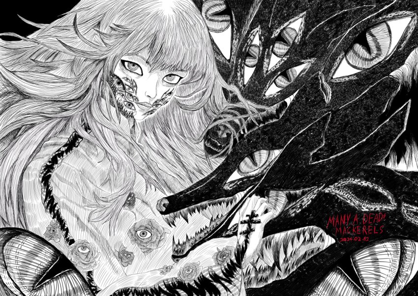 1girl, 2024, abstract, animal_ears, artist_name, black_background, body_horror, commentary