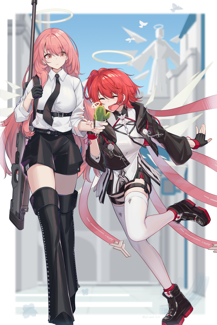 2girls, :d, ^_^, absurdres, arknights, black_gloves, black_leg_warmers, black_necktie