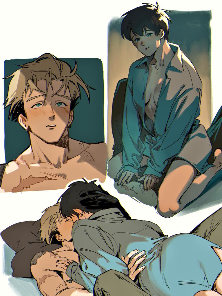 1boy, 1girl, black_hair, blush, breasts, couple, cuddling, iria_arts