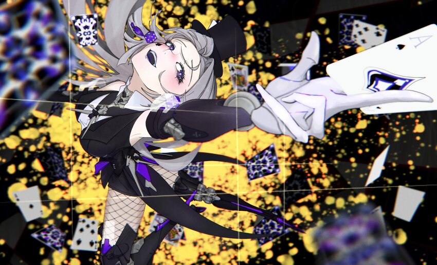 1girl, 7_(number), :d, absurdres, ace_(playing_card), armpits, black_hat, blush