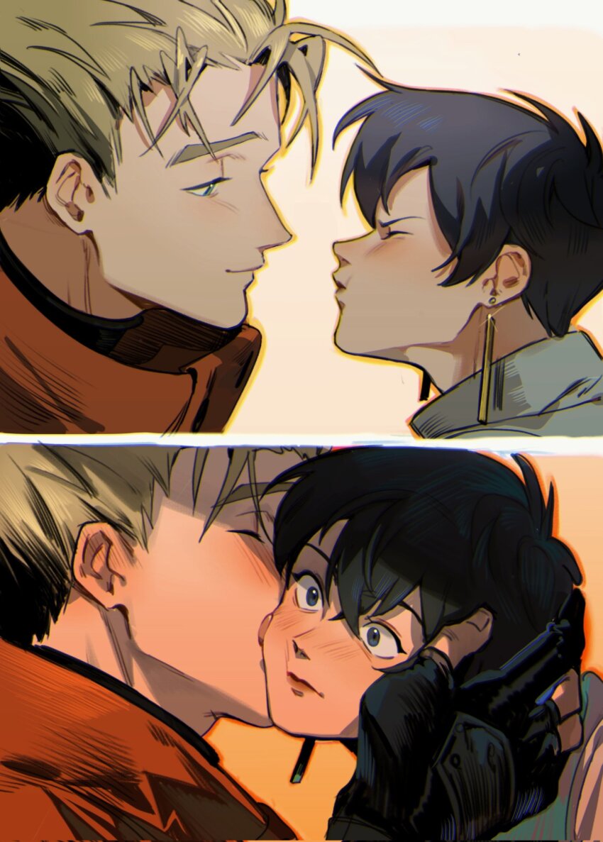 1boy, 1girl, black_gloves, black_hair, blush, closed_eyes, couple, earrings