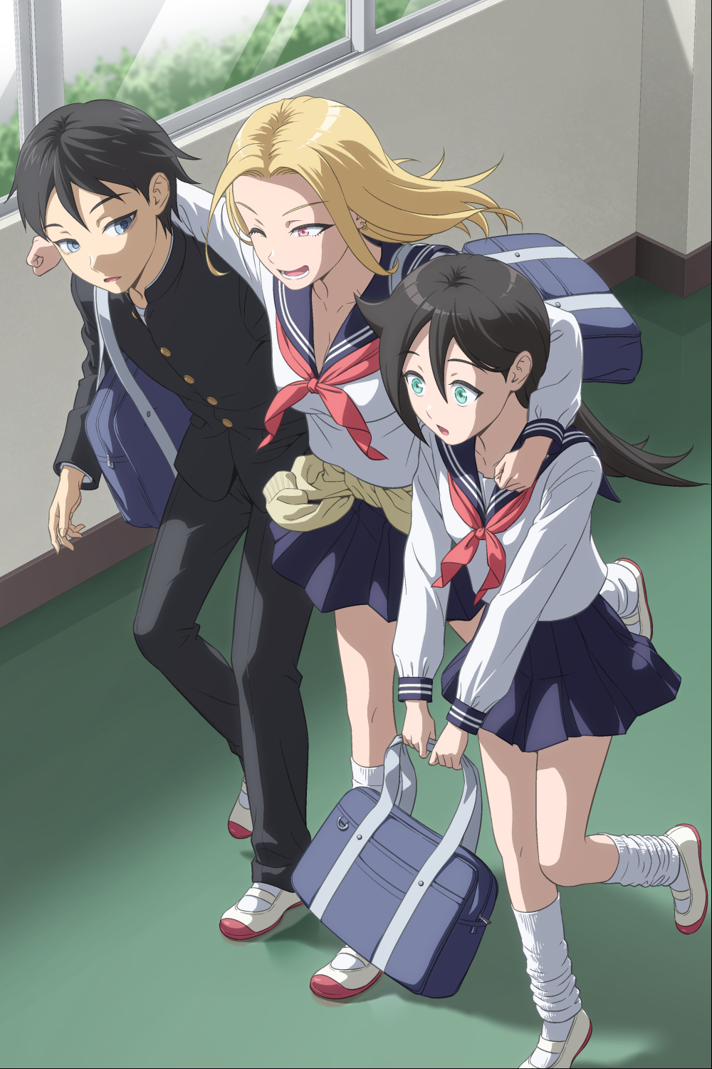 1boy, 2girls, aged_down, arm_around_shoulder, bag, bags_under_eyes, black_hair, black_jacket