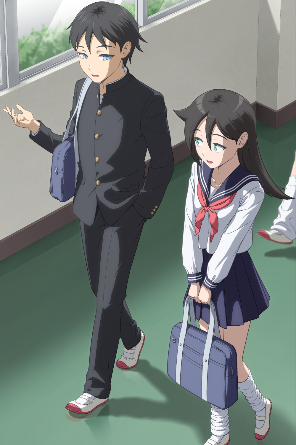 1boy, 2girls, aged_down, bag, bags_under_eyes, black_hair, black_jacket, black_pants