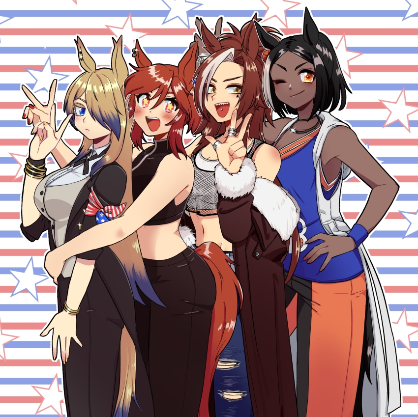 4girls, american_flag, american_flag_print, animal_ears, armband, basketball_jersey, black_coat, black_hair