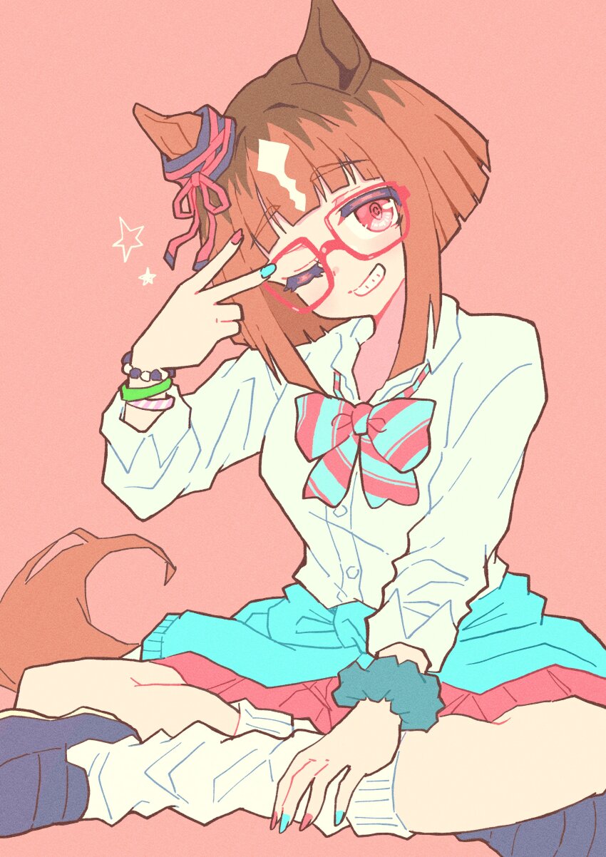 1girl, absurdres, animal_ears, aqua_bow, aqua_bowtie, aqua_nails, bow, bowtie, bracelet, brown_hair, clothes_around_waist, collared_shirt, ear_ornament, glasses, grin, gyaru, highres, horse_ears, horse_girl, horse_tail, indian_style, jacket, jacket_around_waist, jewelry, loose_bowtie, loose_socks, multicolored_hair, multicolored_nails, nail_polish, nenbutsu_0416, one_eye_closed, pink_background, red-framed_eyewear, red_bow, red_bowtie, red_eyes, red_nails, red_skirt, shirt, simple_background, sitting, skirt, smile, socks, solo, streaked_hair, striped_bow, striped_bowtie, striped_clothes, tail, teeth, transcend_(umamusume), umamusume, v, white_hair, white_shirt, white_socks