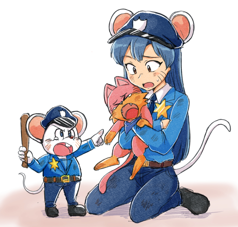 >_<, 1boy, 1girl, animal, animal_ears, belt, black_shoes, blue_hair