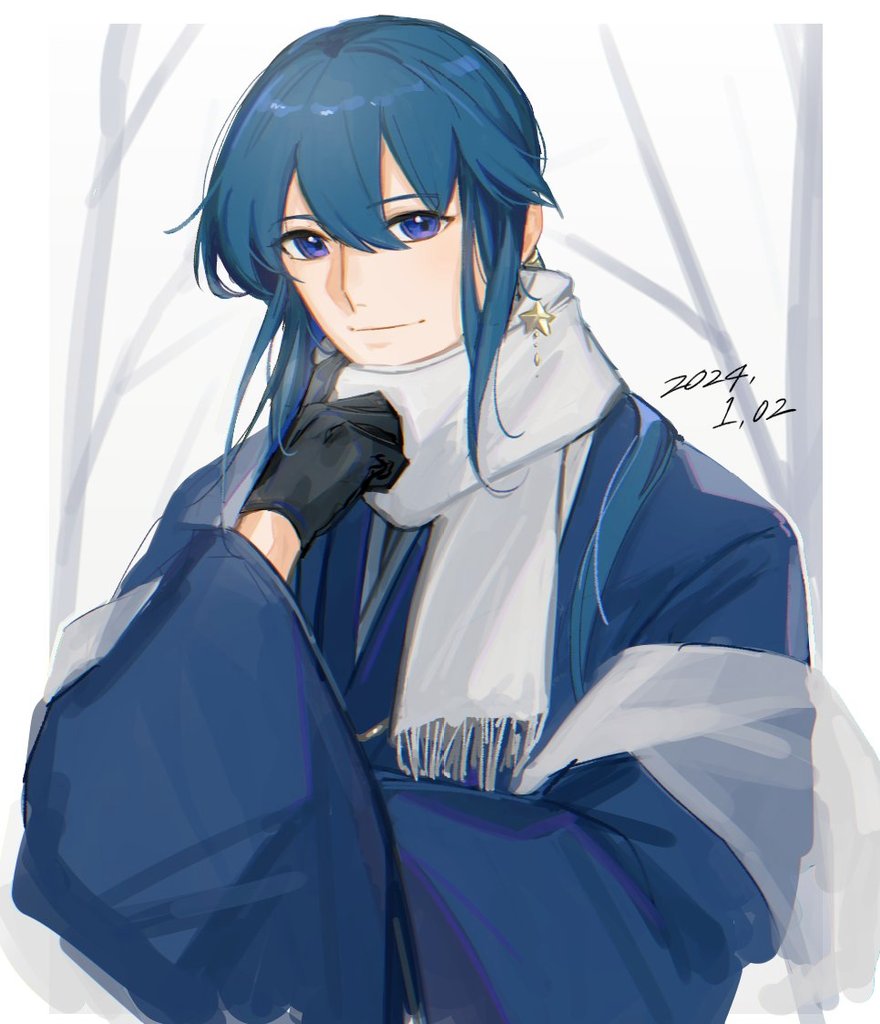 1boy, alternate_costume, androgynous, bare_tree, bishounen, black_gloves, blue_eyes, blue_hair