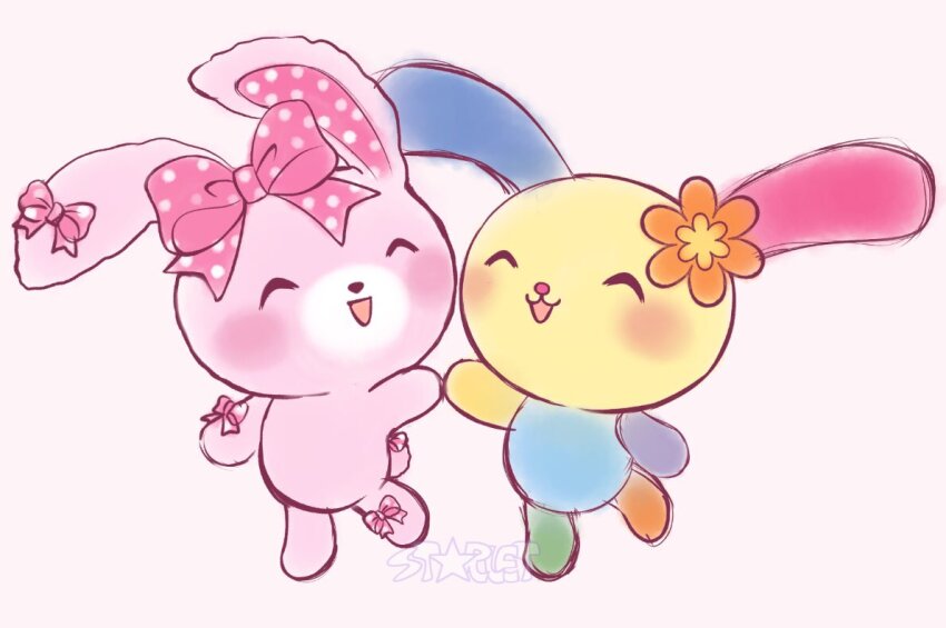 2girls, ^_^, animal_ears, blush, bonbonribbon, bow, chibikemo, closed_eyes