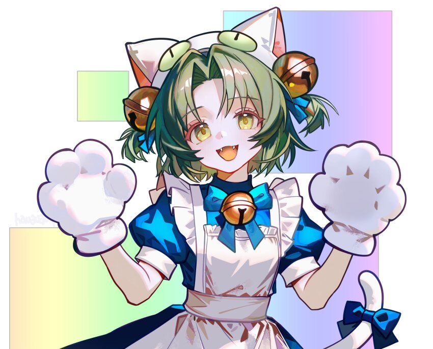 1girl, :d, animal_ears, animal_hands, animal_hat, apron, bell, blue_bow