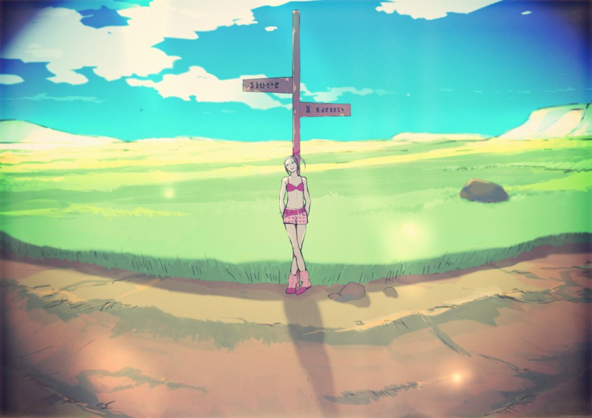 10s, 1girl, akkc, bad_id, bad_pixiv_id, bikini, bikini_top_only, cloud