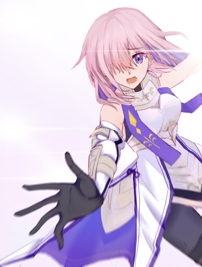 1girl, absurdres, armor, armored_leotard, black_hands, breastplate, breasts, colored_extremities, cuirass, fate/grand_order, fate_(series), floating_hair, gauntlets, gorget, hair_over_one_eye, hair_wagging, highres, leotard, looking_at_viewer, mash_kyrielight, mash_kyrielight_(paladin), medium_breasts, multicolored_hair, open_hand, open_mouth, original, outstretched_arm, outstretched_hand, pink_background, pink_hair, purple_eyes, reaching, reaching_towards_viewer, short_hair, simple_background, solo, white_armor, yatoriiii