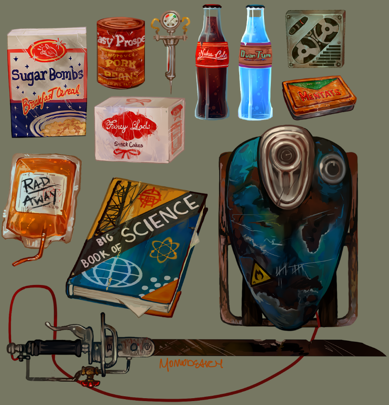 artist_name, backpack, bag, book, bottle, can, canned_food, cassette_tape, cereal, cereal_box, drugs, fallout, fallout_3, fuel_tank, medicine, momo-deary, nuka-cola, object_focus, shishkebab_(fallout), soda_bottle, stimpak_(fallout), sword, textbook, valve, weapon