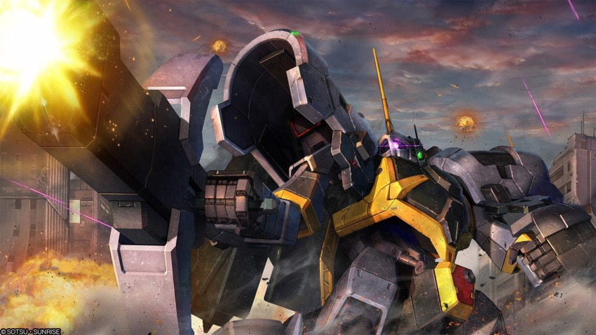 absurdres, battle, beam_cannon, building, cloud, cloudy_sky, company_name, copyright_notice, debris, dusk, dust_cloud, energy_beam, explosion, firing, gundam, gundam_battle_operation_2, gundam_u.c._engage, highres, holding, holding_weapon, lens_flare, machinery, mecha, mecha_focus, mobile_suit, mushika, no_humans, official_art, one-eyed, painting_(medium), pink_eyes, realistic, robot, scan, science_fiction, sky, solo, sunrise_(company), tenjin_hidetaka, titans_(gundam), traditional_media, weapon, window