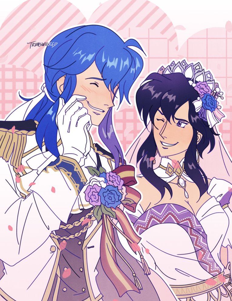 1boy, 1girl, armpit_crease, artist_name, ascot, belt, black_hair, black_vest, blue_flower, blue_hair, blue_rose, blush, boutonniere, breasts, bridal_veil, bride, buttons, chain, cleavage, closed_eyes, collarbone, couple, double-breasted, double-parted_bangs, dress, epaulettes, fire_emblem, fire_emblem:_genealogy_of_the_holy_war, fire_emblem_heroes, flower, gem, gloves, gold_belt, gold_chain, grin, groom, hair_between_eyes, hair_flower, hair_ornament, hetero, husband_and_wife, larcei_(bride_of_astra)_(fire_emblem), larcei_(fire_emblem), long_sleeves, looking_at_another, low_ponytail, nintendo, off-shoulder_dress, off_shoulder, official_alternate_costume, one_eye_closed, outline, patterned_background, pink_background, ponytail, purple_eyes, purple_flower, purple_rose, raised_eyebrow, raised_eyebrows, rose, scratching_cheek, seliph_(fire_emblem), seliph_(light's_legacy)_(fire_emblem), short_hair_with_long_locks, short_sleeves, sidelocks, smile, tiara, trunswicked, upper_body, veil, vest, wedding_dress, white_ascot, white_dress, white_flower, white_gem, white_gloves, white_outline, white_rose
