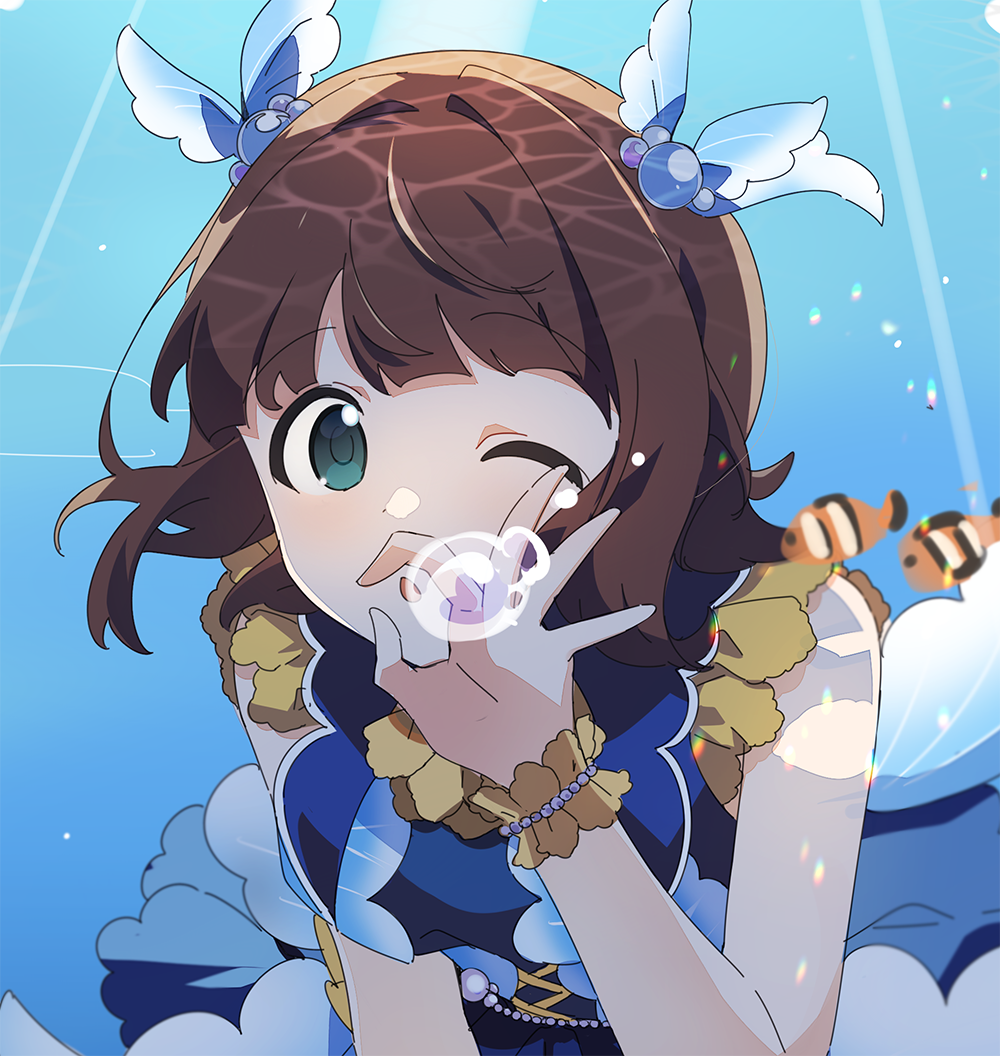 1girl, :o, amami_haruka, ap_bar, blowing_bubbles, bracelet, brown_hair, clownfish