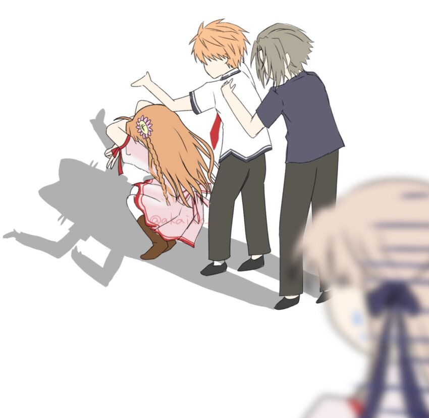 2boys, 2girls, ahoge, akaixx, asura_(mythology), black_pants, black_ribbon, black_shirt