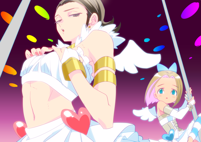 2boys, androgynous, angel_wings, aqua_eyes, armlet, black_hair, blue_bow, blue_thighhighs