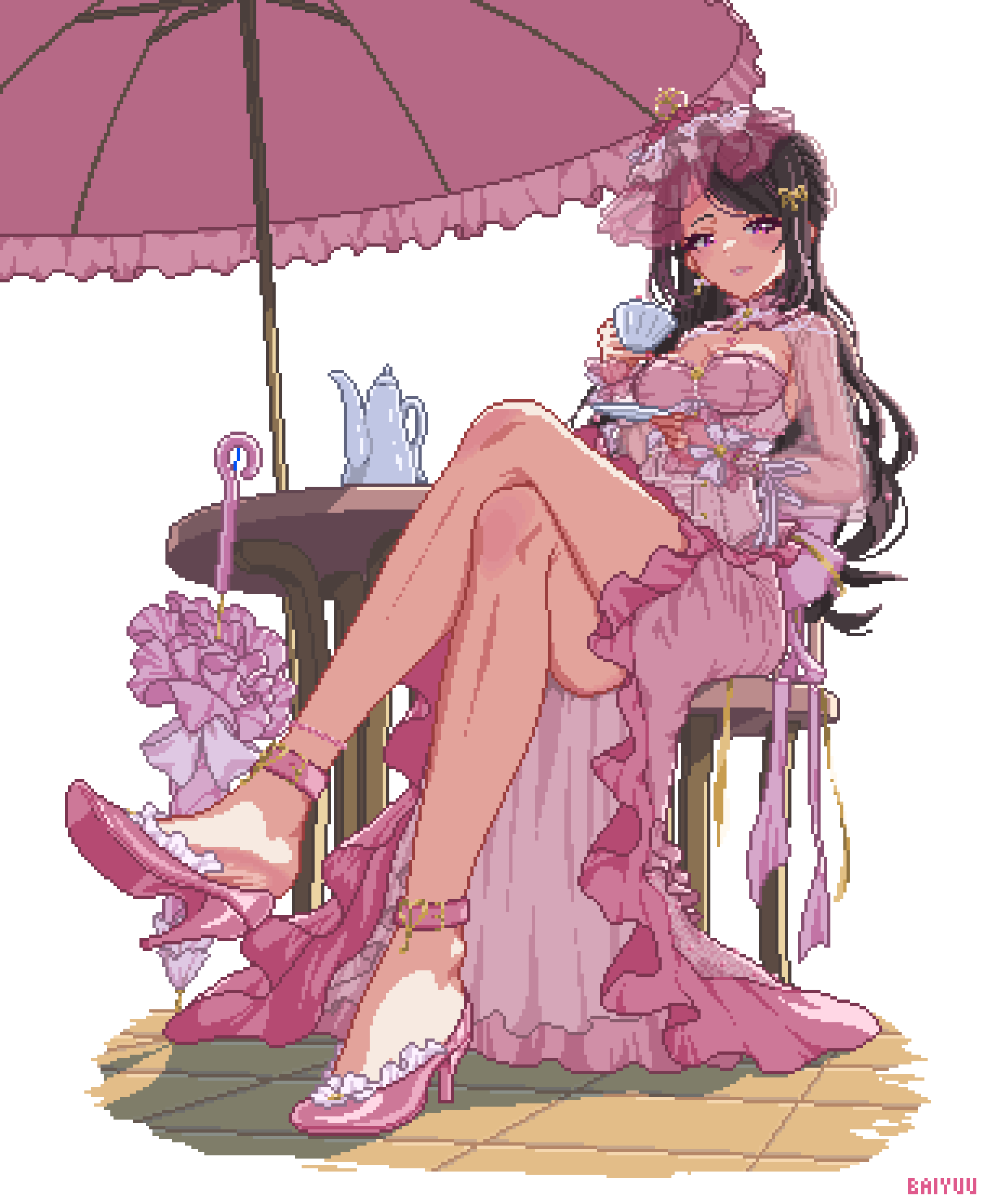 1girl, artist_name, baiyuu, bare_legs, black_hair, breasts, chair, commentary