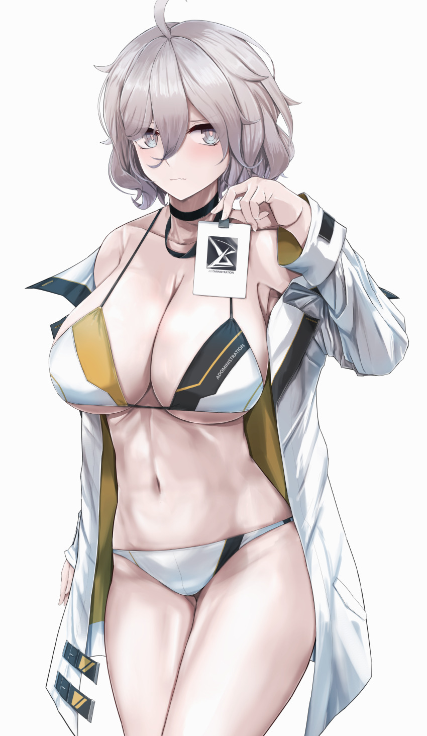 1girl, absurdres, ahoge, bare_shoulders, bikini, black_choker, blush, breasts, choker, cleavage, coat, collarbone, commentary_request, counter:side, grey_eyes, grey_hair, hair_between_eyes, hand_up, highres, holding, holding_id_card, id_card, isolde_(counter:side), large_breasts, long_sleeves, looking_at_viewer, medium_hair, msto, multicolored_bikini, navel, simple_background, solo, standing, stomach, swimsuit, thighs, two-sided_coat, two-sided_fabric, two-tone_bikini, wavy_mouth, white_background, white_bikini, white_coat