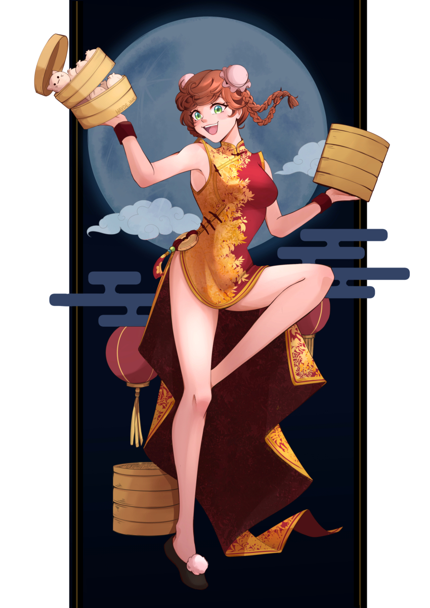 1girl, :d, alternate_costume, bamboo_steamer, bare_legs, black_background, black_shoes, braid