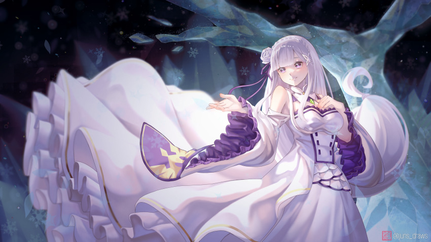 1girl, absurdres, crystal, dress, emilia_(re:zero), flower, hair_flower, hair_ornament, hand_on_own_chest, highres, juns_draws, long_hair, looking_to_the_side, purple_eyes, re:zero_kara_hajimeru_isekai_seikatsu, rose, smile, solo, very_long_hair, white_dress, white_flower, white_hair, white_rose, wide_sleeves