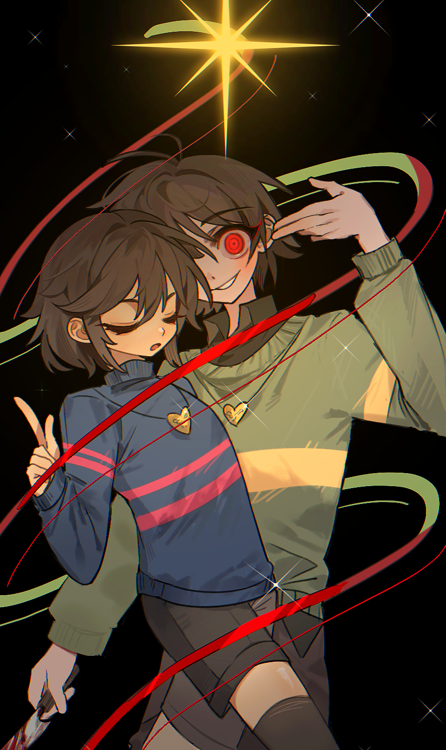 2others, :o, antenna_hair, arm_at_side, black_background, black_shirt, black_shorts, black_thighhighs, blood, bloody_knife, blue_sweater, bob_cut, brown_hair, chara_(undertale), chinese_commentary, chromatic_aberration, closed_eyes, collared_shirt, commentary_request, cowboy_shot, crossed_legs, finger_gun, finger_gun_to_head, frisk_(undertale), glowing, glowing_eye, gold_necklace, green_sweater, grin, heart, heart_necklace, highres, holding, holding_knife, index_finger_raised, jewelry, juliet_sleeves, knife, long_sleeves, looking_at_viewer, multiple_others, necklace, nuobeiyhengaoxingrenshini, one_eye_covered, open_mouth, other_focus, pink_sweater, puffy_sleeves, red_eyes, ringed_eyes, shirt, short_hair, shorts, simple_background, smile, sparkle, standing, striped_clothes, striped_sweater, sweater, thighhighs, turtleneck, turtleneck_sweater, two-tone_sweater, u_u, undertale, utdr_(toby_fox), wide-eyed, yellow_sweater