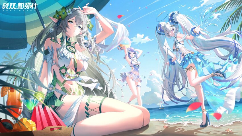 3girls, alisa:_echo_(sandy_spectrum)_(pgr), alisa_(pgr), anklet, ball, beach, beachball, bikini