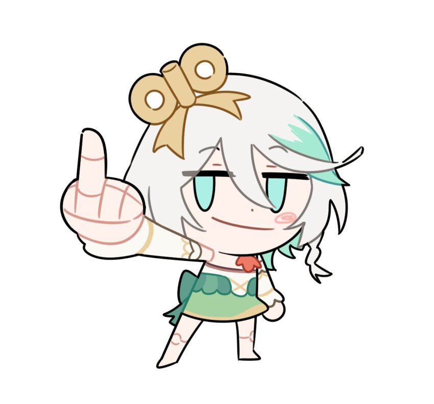 1girl, ascot, blush_stickers, cecilia_immergreen, cecilia_immergreen_(1st_costume), commentary, doll_joints, dress, foreshortening, full_body, green_dress, green_eyes, green_hair, grin, hololive, hololive_english, isarobn, jitome, joints, looking_at_viewer, middle_finger, outstretched_arm, red_ascot, simple_background, smile, smug, solo, virtual_youtuber, white_background, white_hair, winding_key