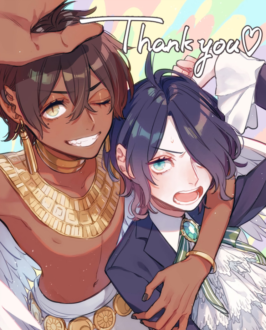 2boys, bartimaeus, bartimaeus_(series), black_hair, blue_eyes, brooch, choker, dark-skinned_male