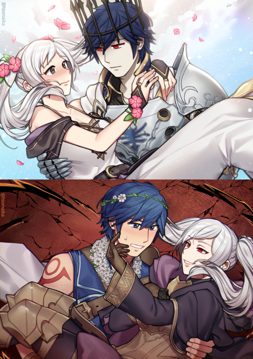 1boy, 1girl, arm_tattoo, armored_boots, arms_around_neck, artist_request, bare_arms, bare_shoulders