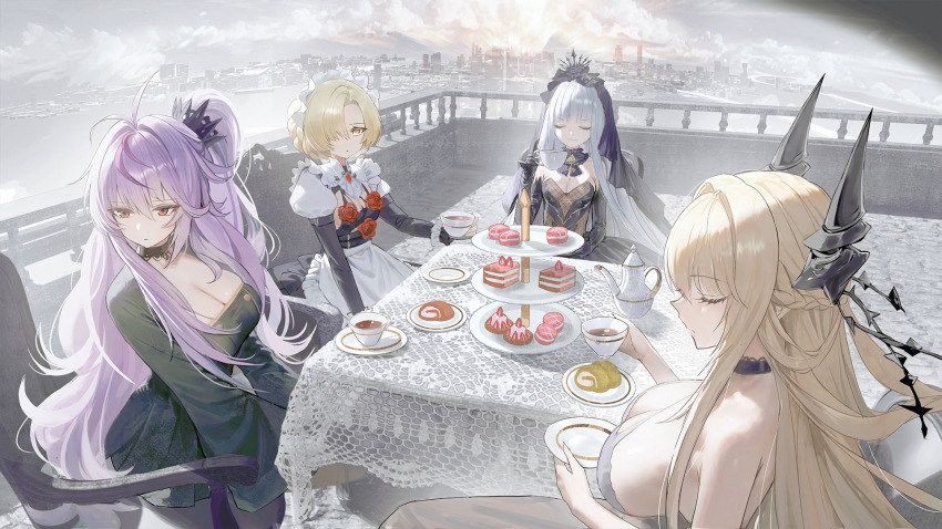 4girls, apron, azur_lane, black_crown, black_dress, blonde_hair, breasts, bridal_veil