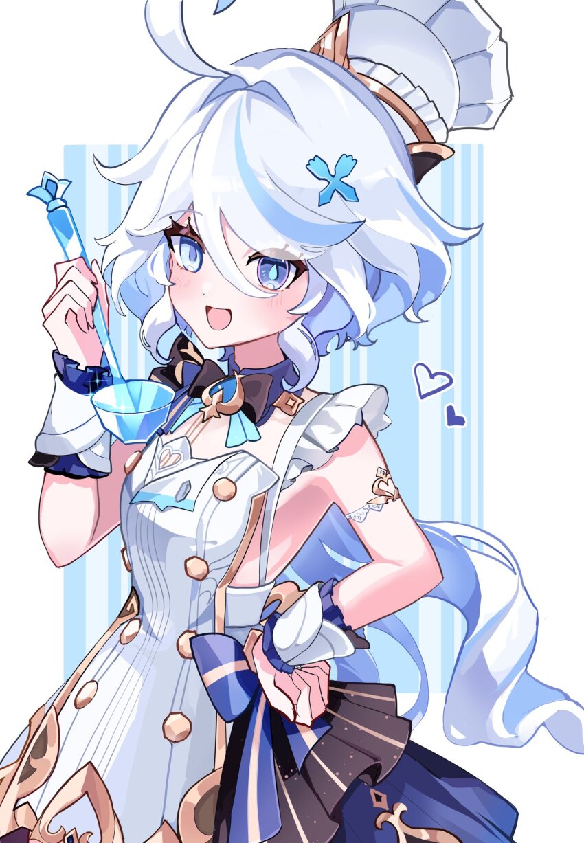 1girl, :d, ahoge, black_bow, black_bowtie, blue_eyes, blue_pupils, blush, bow, bowtie, chaena_(exmd3552), chef_hat, commentary_request, cosplay, cowboy_shot, dress, drop-shaped_pupils, escoffier_(genshin_impact), escoffier_(genshin_impact)_(cosplay), fork_hair_ornament, furina_(genshin_impact), genshin_impact, hair_between_eyes, hand_on_own_hip, hand_up, hat, heterochromia, highres, holding, holding_ladle, ladle, long_hair, looking_at_viewer, open_mouth, sleeveless, sleeveless_dress, smile, solo, symbol-shaped_pupils, very_long_hair, white_background, white_dress, white_hat, white_wrist_cuffs, wrist_cuffs