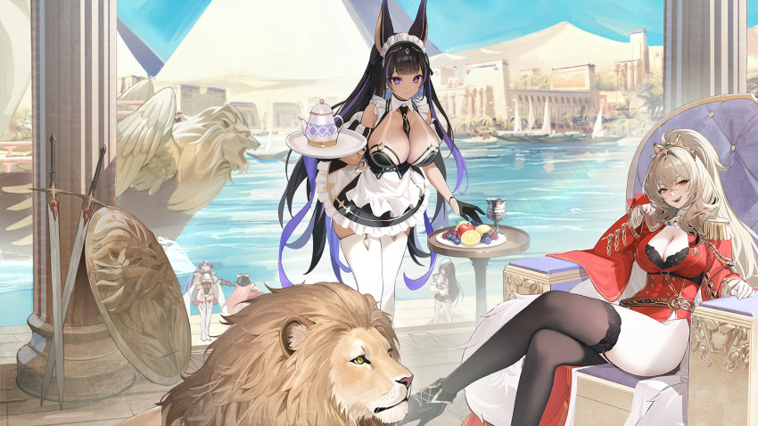 5girls, absurdly_long_hair, aiguillette, ancient_egyptian, animal, animal_ears, apron, azur_lane