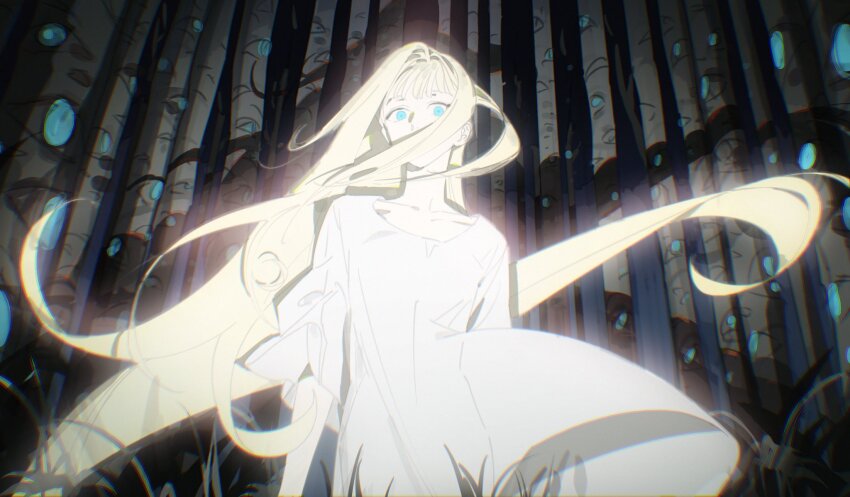 1girl, blonde_hair, blue_eyes, chuckchuck, collarbone, dress, floating_hair, glowing