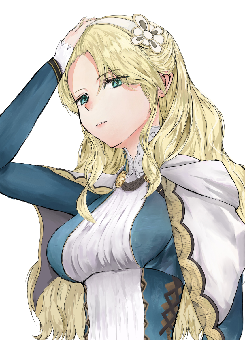 1girl, absurdres, blonde_hair, blue_dress, blue_eyes, capelet, dress, hairband, hand_on_own_head, highres, long_hair, long_sleeves, looking_at_viewer, lulunarde_(wizardry), multicolored_dress, pee_poncopo, simple_background, solo, upper_body, white_background, white_capelet, white_dress, white_hairband, wizardry, wizardry_variants_daphne