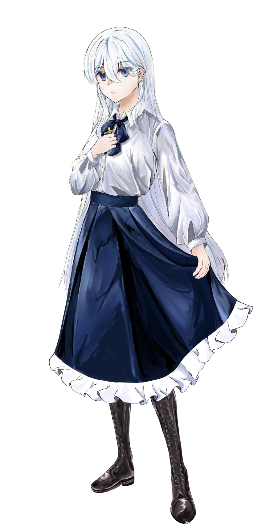 1girl, absurdres, black_boots, blue_eyes, blue_hair, blue_neckerchief, blue_skirt, boots, collared_shirt, cross, frilled_skirt, frills, full_body, high-waist_skirt, highres, holding, holding_cross, long_hair, long_sleeves, looking_at_viewer, multicolored_hair, neckerchief, original, pee_poncopo, shirt, simple_background, skirt, solo, standing, streaked_hair, tachi-e, two-tone_hair, white_background, white_hair, white_shirt