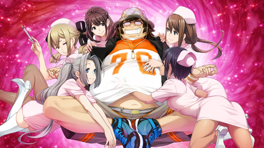 1boy, 5girls, antenna_hair, aqua_eyes, belt, belt_buckle, black_bow, black_hair